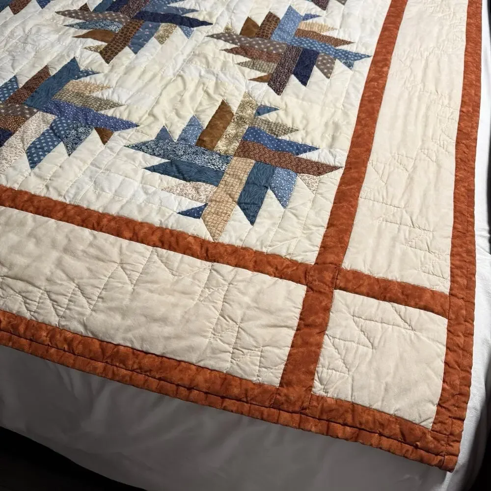 Handmade Quilt Throw Patchwork Star Pattern Cream Blue Rustic Cottage Bed Topper